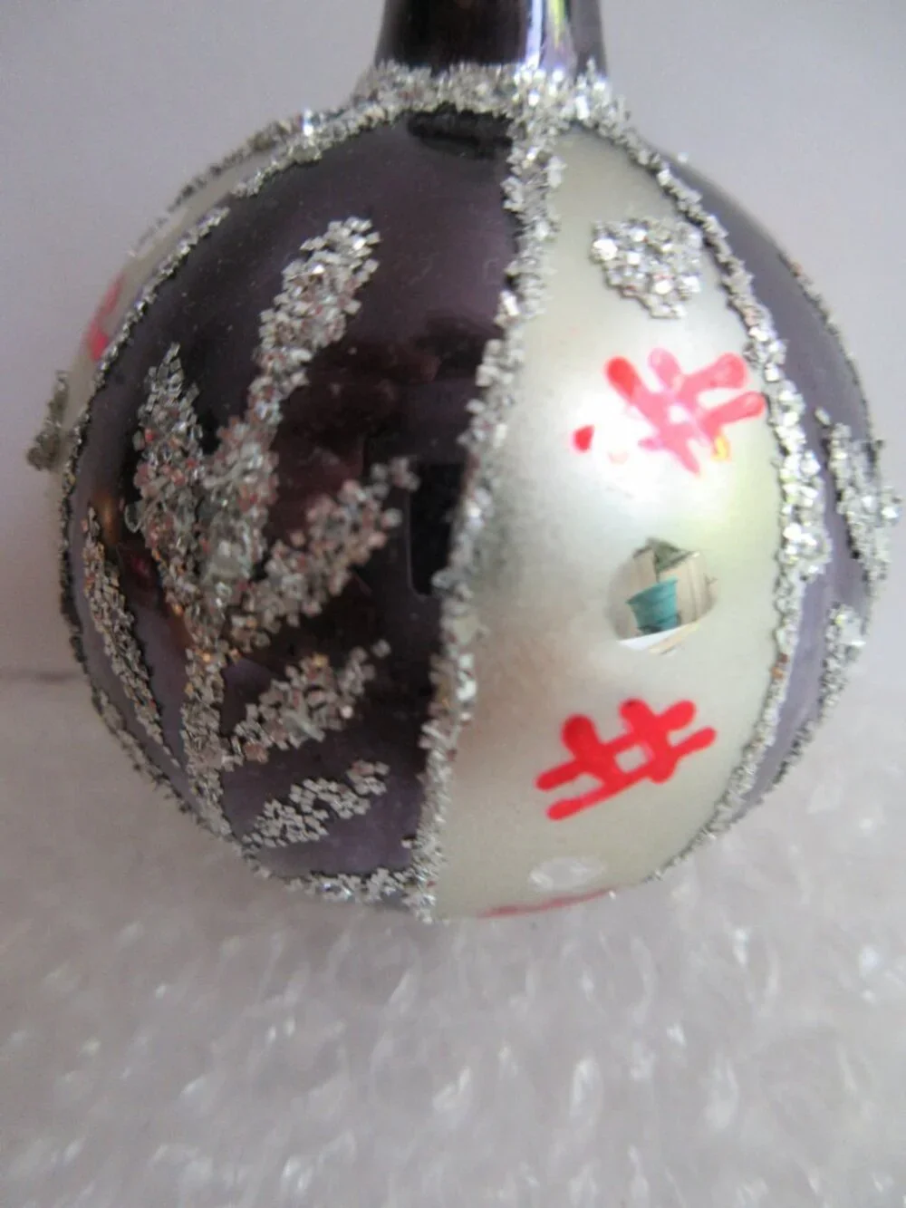 5 Polish Blown Glass Christmas Ornament Hand Painted Poland Glitter Vtg